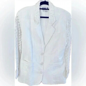 Vintage EREZ Cotton White Blazer Eyelet‎ Long Sleeves Pearl Details Large EUC